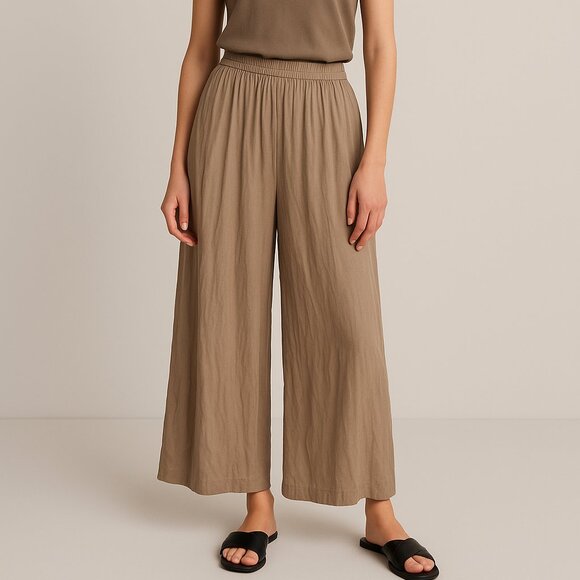 NWT Uniqlo Women's Beige Pleated Wide Leg Pull On Pants Sz L - Picture 1 of 7